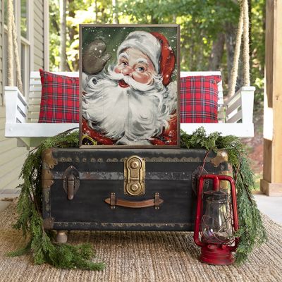 Santa With Snow Green Framed Wall Art