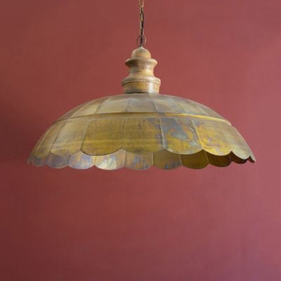 Scalloped Brass Dome and Wood Pendant Light