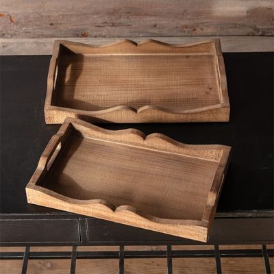 Scalloped Edge Wooden Tray Set of 2