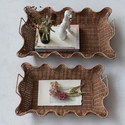 Scalloped Rattan Handled Nesting Trays Set of 2