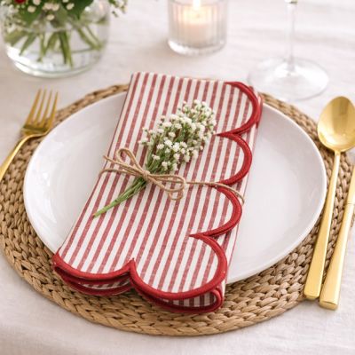 Scalloped Red Striped Cloth Napkin Set of 4