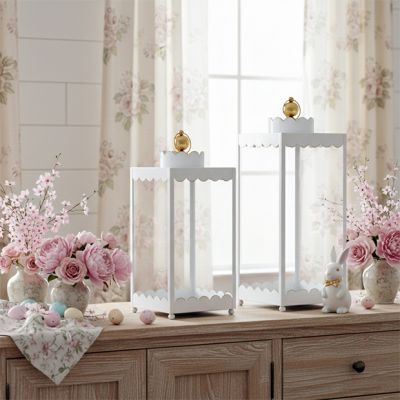 Scalloped White Candle Lanterns Set of 2