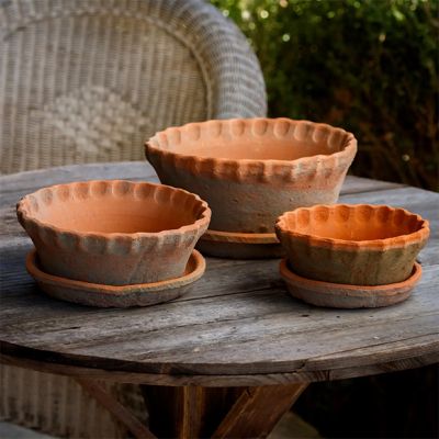 Short Pie Crust Rustic Planter Pot with Saucer Set of 3