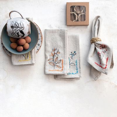 Simple Floral Embroidered Cloth Napkins Set of 4