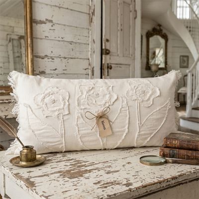 Simply Chic Fringed Floral Pillow with Fabric Tag