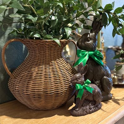 Sitting Chocolate Bunny with Green Bow Figure