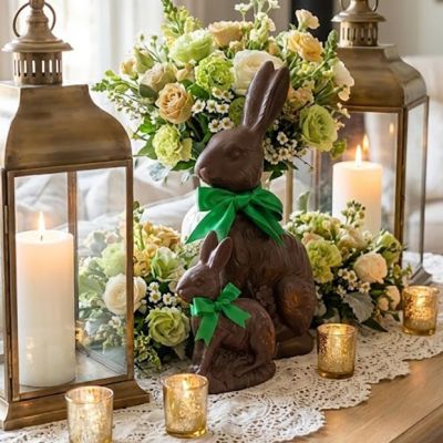 Sitting Decorative Chocolate Bunny with Green Bow Figure