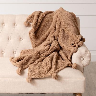 Soft Neutral Sherpa Throw with Poms Taupe