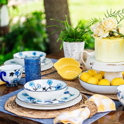 Stamped Blue Floral 16 Piece Stoneware Set
