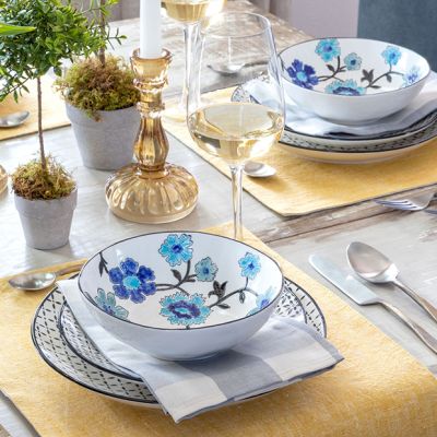 Stamped Blue Floral Stoneware Bowl