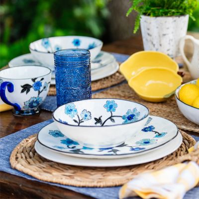 Stamped Blue Floral Stoneware Plate 10.5 Inch