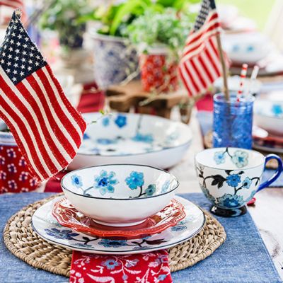 Stamped Blue Floral Stoneware Tea Cup Set of 4