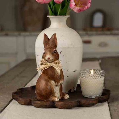 Standing Brown Bunny with Raffia Bow Figure