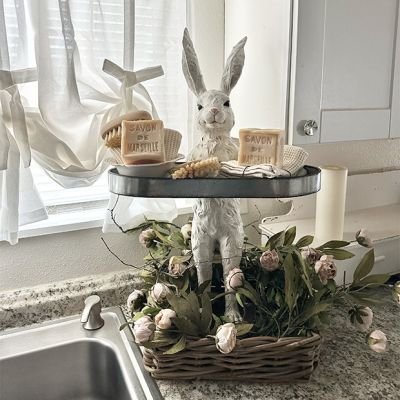 Standing Rabbit Statue With Iron Tray