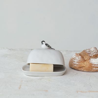 Stoneware Butter Dish With Bird Finial