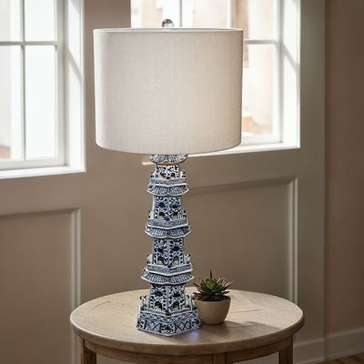 Stoneware Pagoda Lamp with Linen Shade