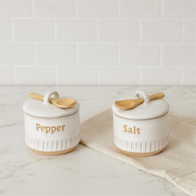 Stoneware Salt and Pepper Cellar Set With Spoons