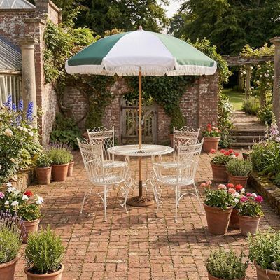 Striped Fabric Outdoor Umbrella With Fringe