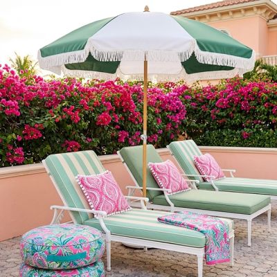 Striped Fabric Outdoor Umbrella With Fringe