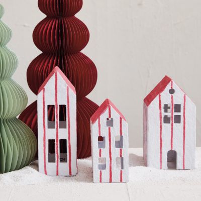 Striped Paper Mache Village House Set of 3