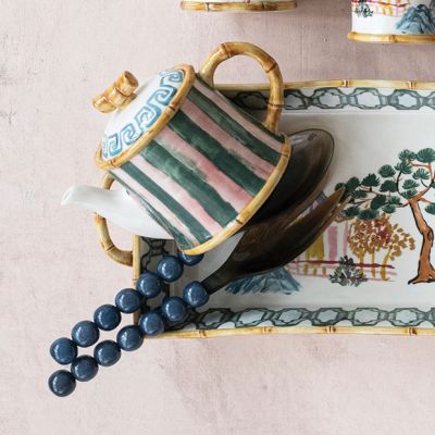 Striped Stoneware Teapot with Painted Bamboo Handle