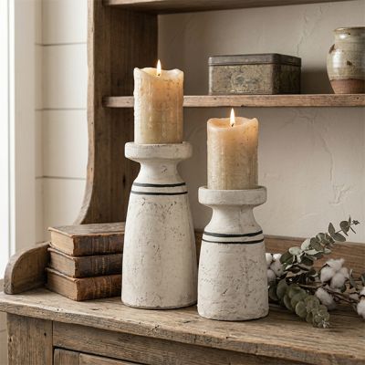 Striped Terracotta Pillar Candle Holder Set of 2