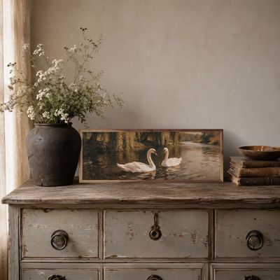 Swans Along A Quiet Riverbank Framed Wall Art