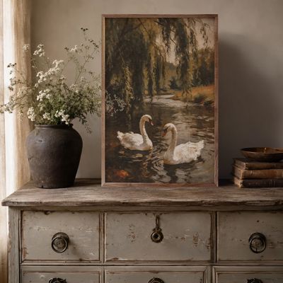 Swans Gliding Through A Willow River Framed Wall Art