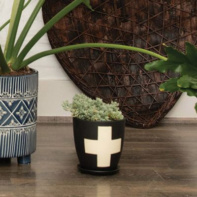 Swiss Cross Stoneware Planter With Saucer