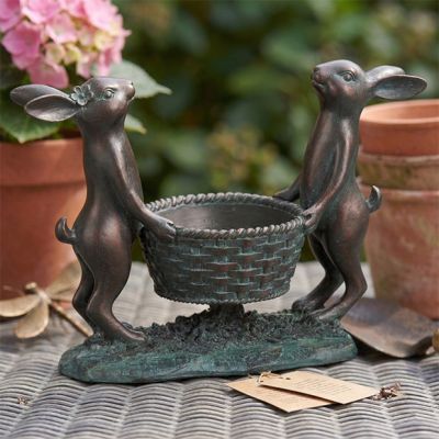 Tabletop Bunnies With Basket Figurine