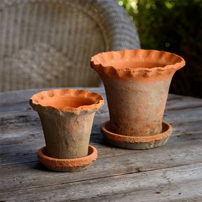 Tall Pie Crust Rustic Planter Pot with Saucer Set of 2