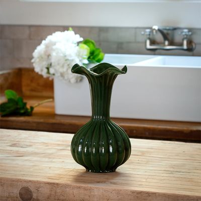 Tall Ribbed Glass Trumpet Vase