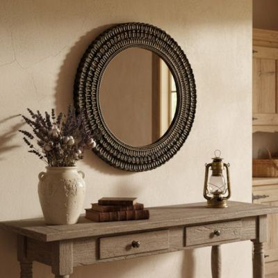 Textured Black and Gold Round Wall Mirror