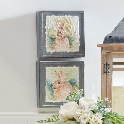 Textured Bunny Art On Galvanized Block Set of 2