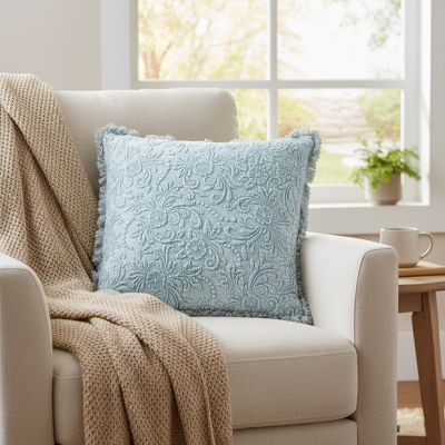 Textured Vintage Blue Floral Throw Pillow