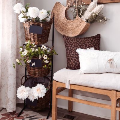 Three Tier Wicker Basket Market Stand