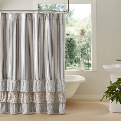 Ticking Stripe and Multi Floral Ruffled Shower Curtain