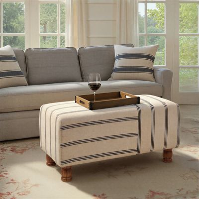 Ticking Stripe Fabric Upholstered Ottoman Bench
