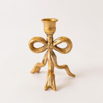 Tied Golden Bow Taper Holder Set of 2