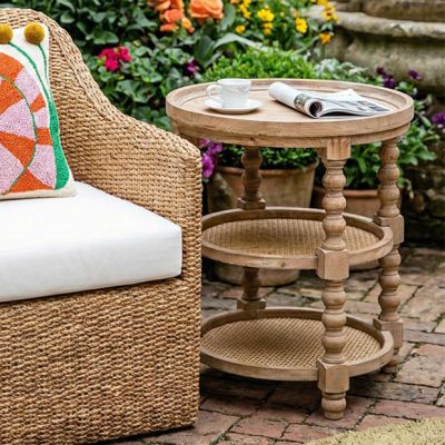 Tiered Round Natural Wood Rattan Side Table