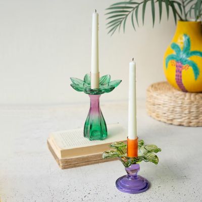 Tinted Glass Flower Taper Holder Set of 2