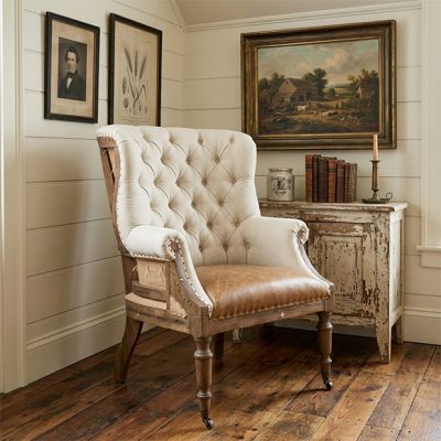 Tufted Linen and Leather Club Chair