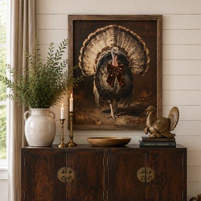 Turkey With Velvet Bow Framed Wall Decor