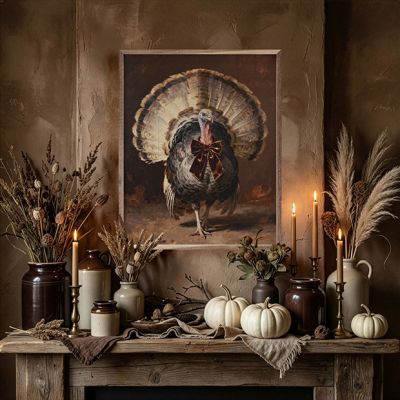 Turkey With Velvet Bow Framed Wall Decor