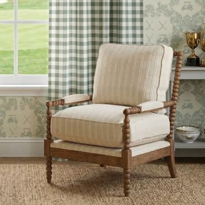Turned Wood Striped Cushion Accent Chair