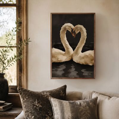Two White Swans In A Heart Embrace Framed Wall Art