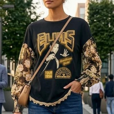 Upcycled Elvis Tee with Gold Star Trim