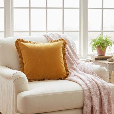 Velvet Accent Pillow With Ruffled Trim