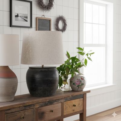 Vintage Clay Pot Table Lamp With Drum Shade
