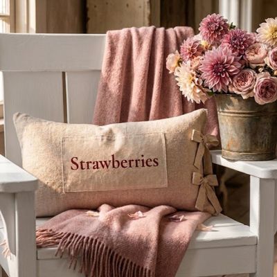 Vintage Feed Sack Strawberries Pillow with Bows